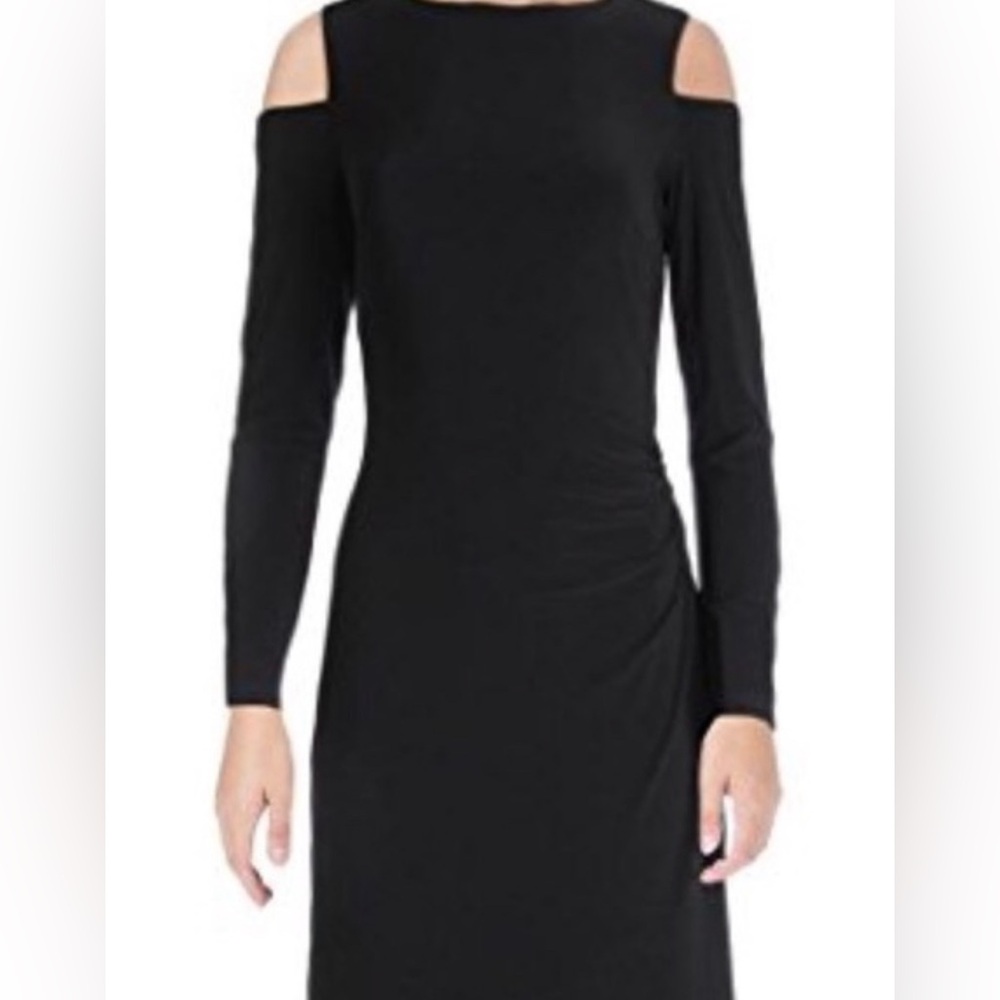 Ralph Lauren Womens cold shoulder cocktail Work Dress Sz 10 Black ruching side